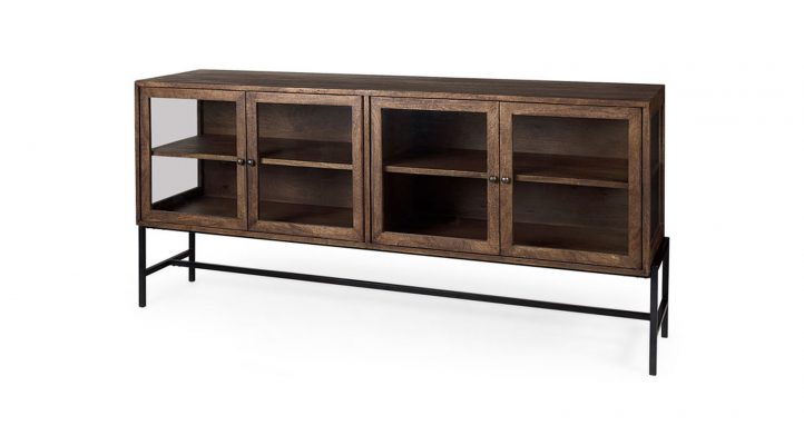 lyon-70lx18wx32h-medium-brown-w-black-metal-base-4-door-glass-cabinet-sideboard-1