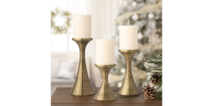 Tomar Antique Brass Ribbed 3 Piece Pillar Candle Holder Set (5)